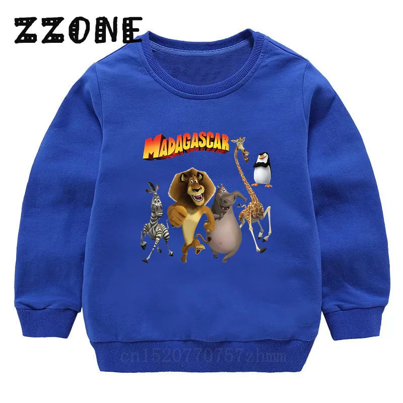Kids Sweatshirts Animals Of Madagascar Lion Zebra Penguin Cartoon Print Children Hoodies Baby Pullover Tops Girls Boys Clothes