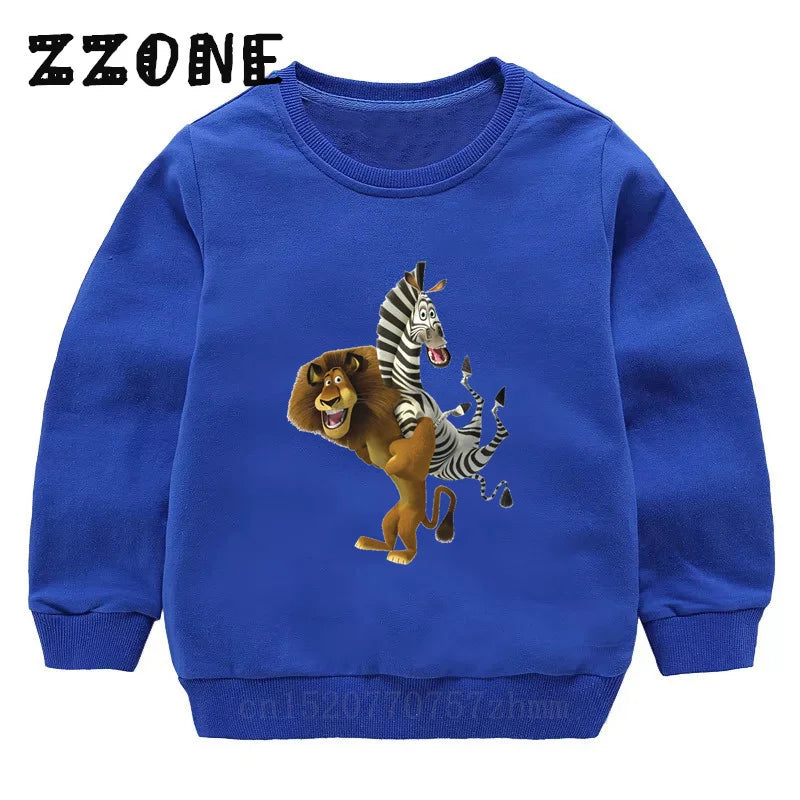Kids Sweatshirts Animals Of Madagascar Lion Zebra Penguin Cartoon Print Children Hoodies Baby Pullover Tops Girls Boys Clothes