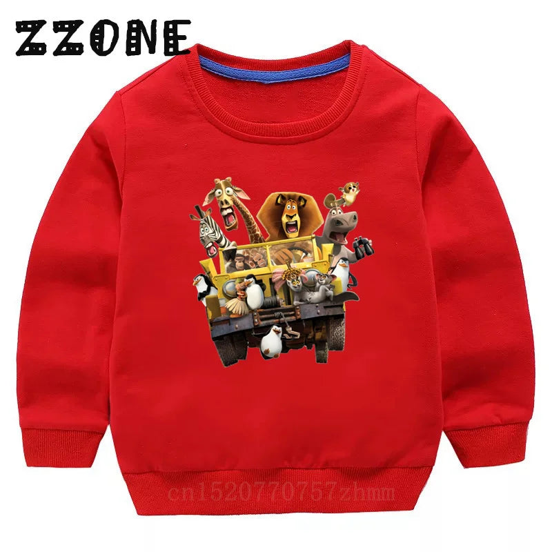 Kids Sweatshirts Animals Of Madagascar Lion Zebra Penguin Cartoon Print Children Hoodies Baby Pullover Tops Girls Boys Clothes