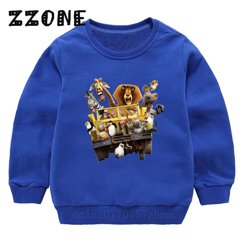 Kids Sweatshirts Animals Of Madagascar Lion Zebra Penguin Cartoon Print Children Hoodies Baby Pullover Tops Girls Boys Clothes