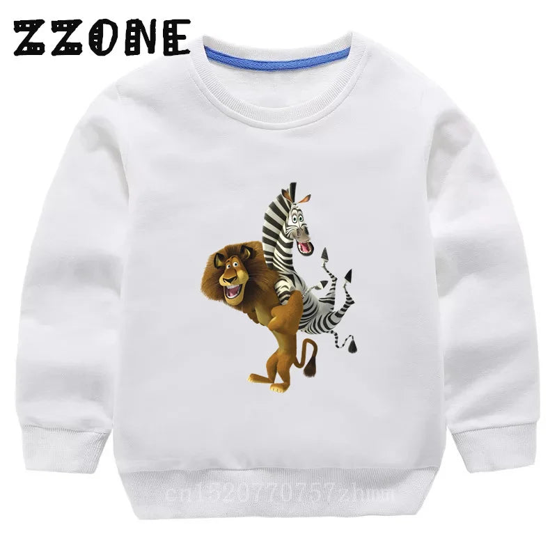 Kids Sweatshirts Animals Of Madagascar Lion Zebra Penguin Cartoon Print Children Hoodies Baby Pullover Tops Girls Boys Clothes