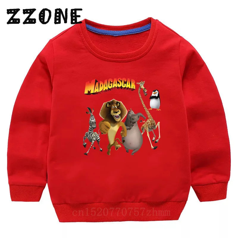 Kids Sweatshirts Animals Of Madagascar Lion Zebra Penguin Cartoon Print Children Hoodies Baby Pullover Tops Girls Boys Clothes