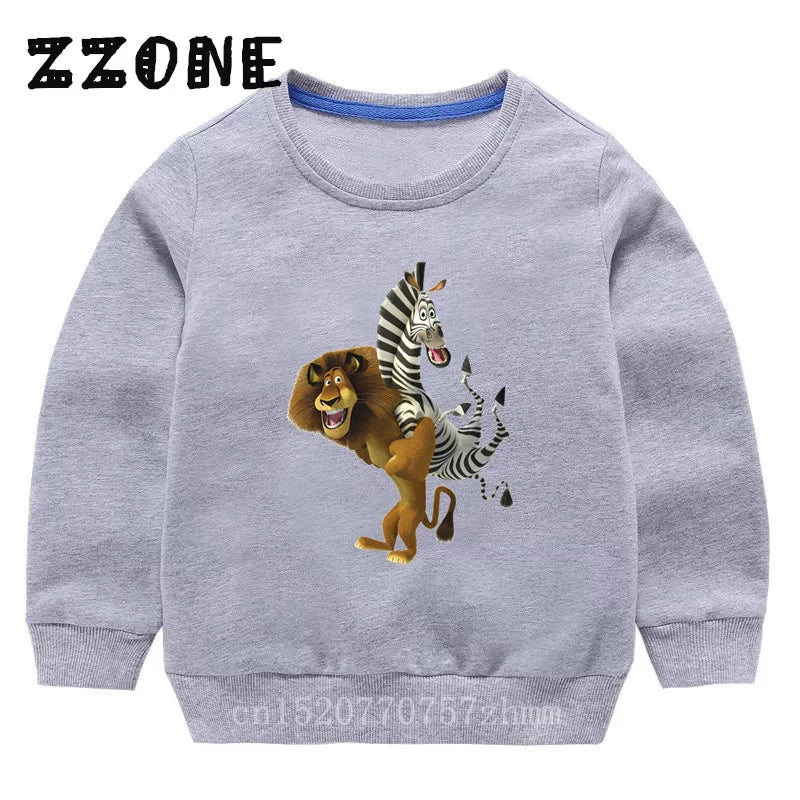 Kids Sweatshirts Animals Of Madagascar Lion Zebra Penguin Cartoon Print Children Hoodies Baby Pullover Tops Girls Boys Clothes