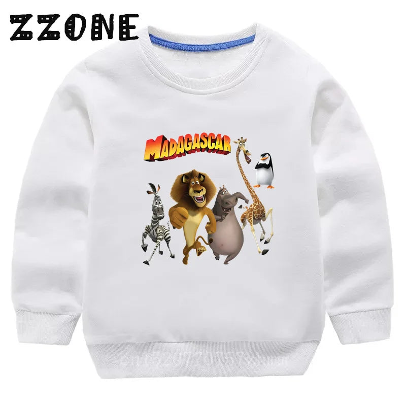 Kids Sweatshirts Animals Of Madagascar Lion Zebra Penguin Cartoon Print Children Hoodies Baby Pullover Tops Girls Boys Clothes