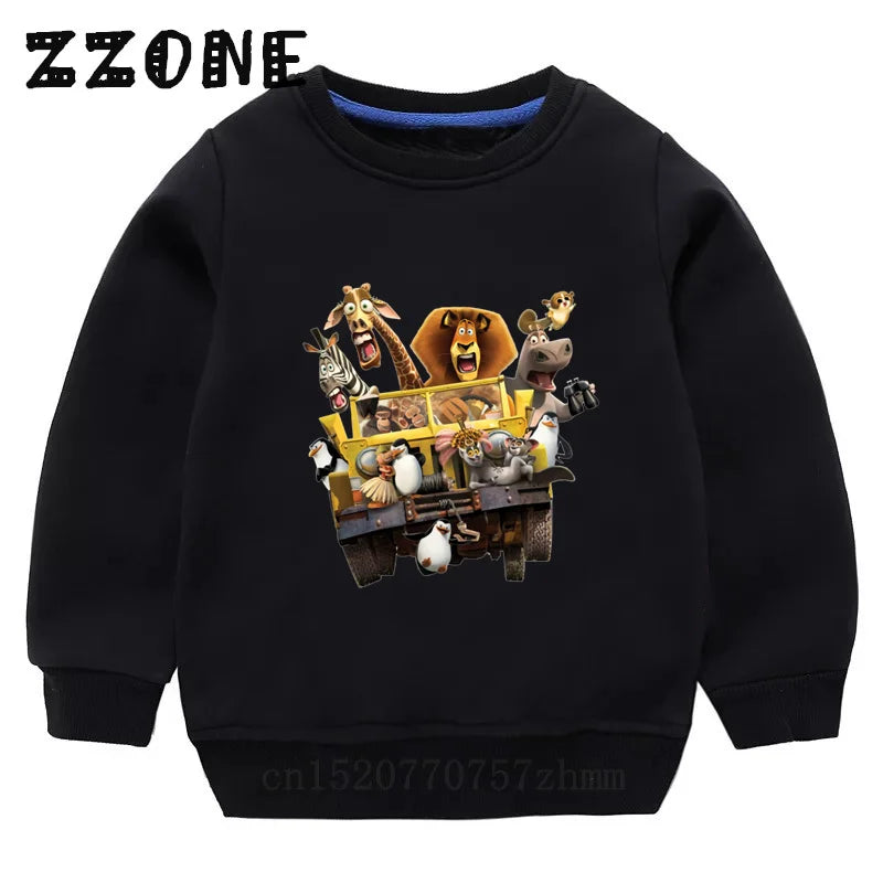 Kids Sweatshirts Animals Of Madagascar Lion Zebra Penguin Cartoon Print Children Hoodies Baby Pullover Tops Girls Boys Clothes