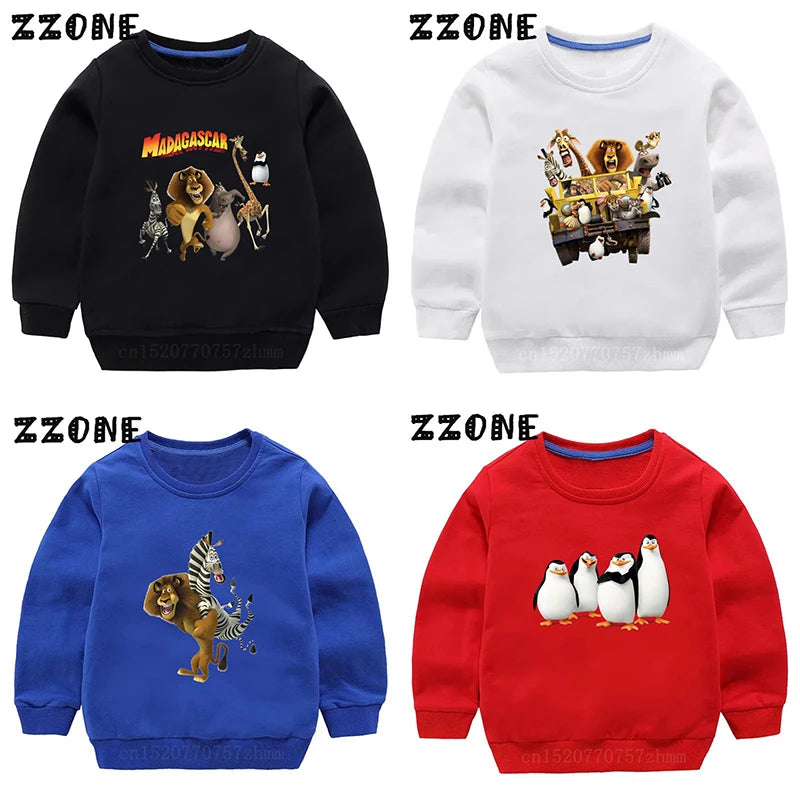 Kids Sweatshirts Animals Of Madagascar Lion Zebra Penguin Cartoon Print Children Hoodies Baby Pullover Tops Girls Boys Clothes
