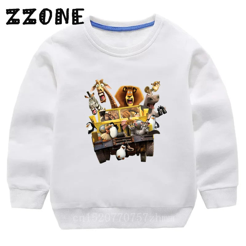Kids Sweatshirts Animals Of Madagascar Lion Zebra Penguin Cartoon Print Children Hoodies Baby Pullover Tops Girls Boys Clothes