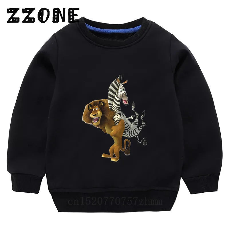 Kids Sweatshirts Animals Of Madagascar Lion Zebra Penguin Cartoon Print Children Hoodies Baby Pullover Tops Girls Boys Clothes