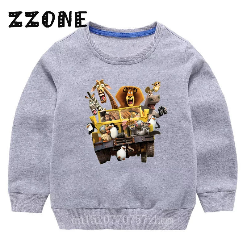 Kids Sweatshirts Animals Of Madagascar Lion Zebra Penguin Cartoon Print Children Hoodies Baby Pullover Tops Girls Boys Clothes