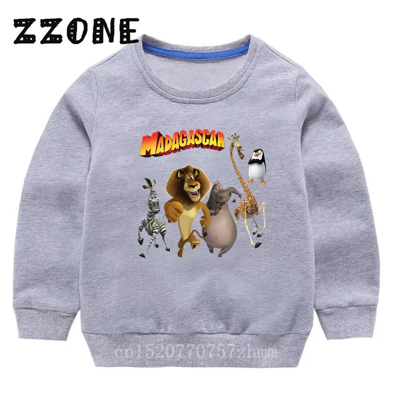 Kids Sweatshirts Animals Of Madagascar Lion Zebra Penguin Cartoon Print Children Hoodies Baby Pullover Tops Girls Boys Clothes
