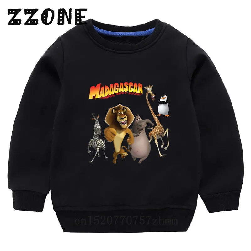 Kids Sweatshirts Animals Of Madagascar Lion Zebra Penguin Cartoon Print Children Hoodies Baby Pullover Tops Girls Boys Clothes