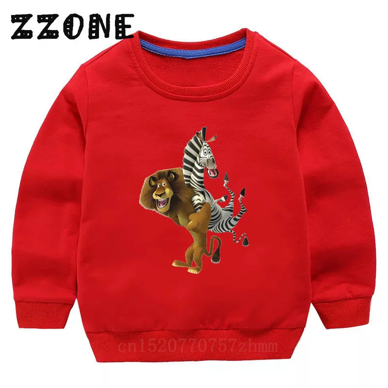 Kids Sweatshirts Animals Of Madagascar Lion Zebra Penguin Cartoon Print Children Hoodies Baby Pullover Tops Girls Boys Clothes