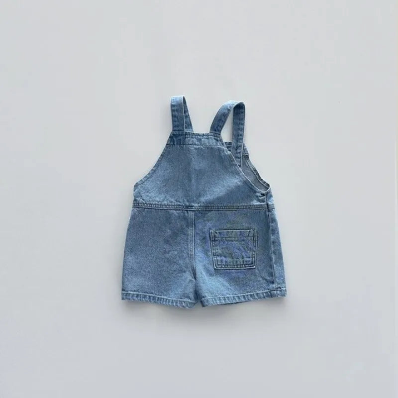 Korean Children Denim Jumpsuits 2025 Summer Boys Jeans Suspenders Shorts Baby Girls Casual Cotton Strap Pocket Overalls for Kids