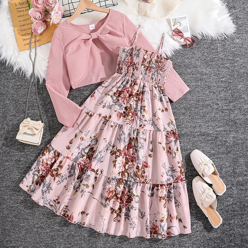 2 Pcs Kids Casual Dress Sets for Girls Clothes Autumn Winter 2025 New Child Long Sleeve Coat Tops Floral Print Cami Dress 8-12Y