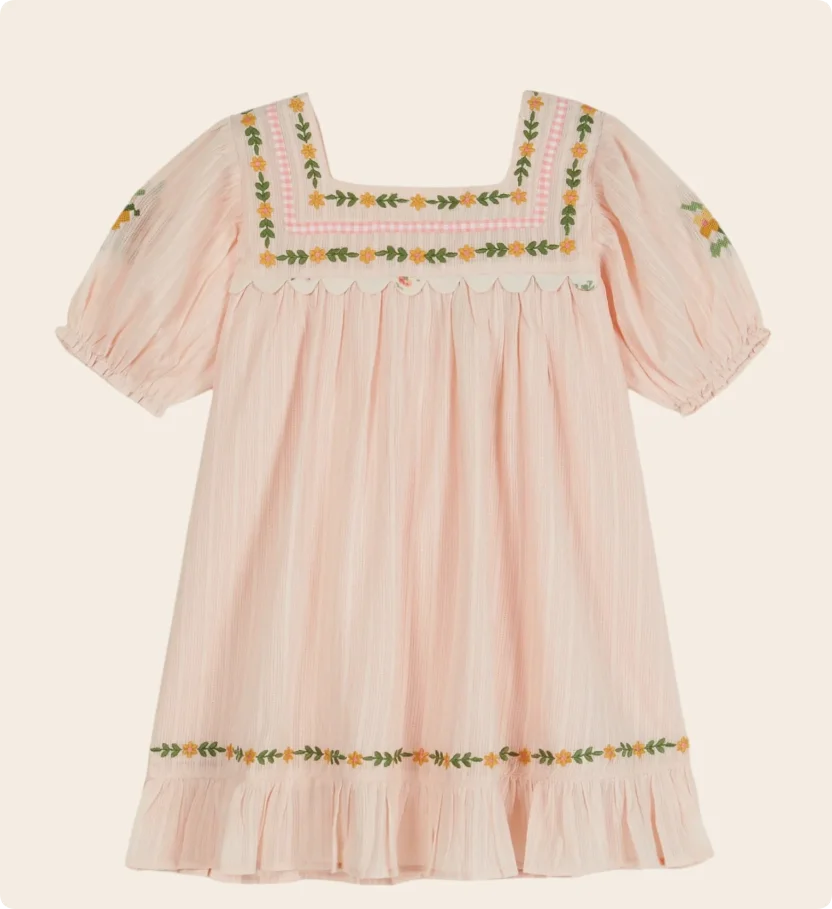 2026 SS Summer Embroidered flowers Girl Denim Dress EM Pleated Kids Short Sleeve Princess Dresses Clothes