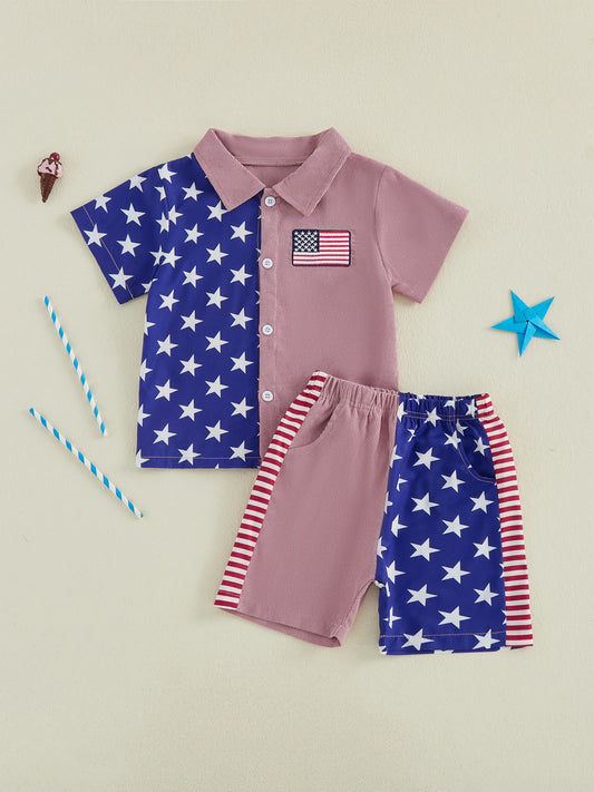Boys Patriotic 4th of July Outfit American Flag Print Short Sleeve Collared Button Up Shirt and Coordinating Shorts