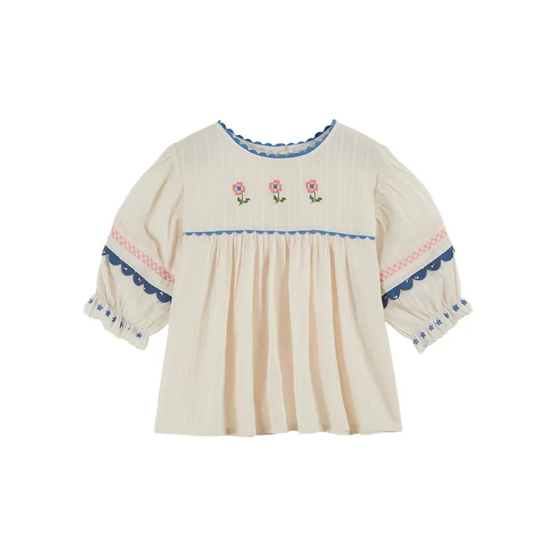 2026 SS Summer Embroidered flowers Girl Denim Dress EM Pleated Kids Short Sleeve Princess Dresses Clothes