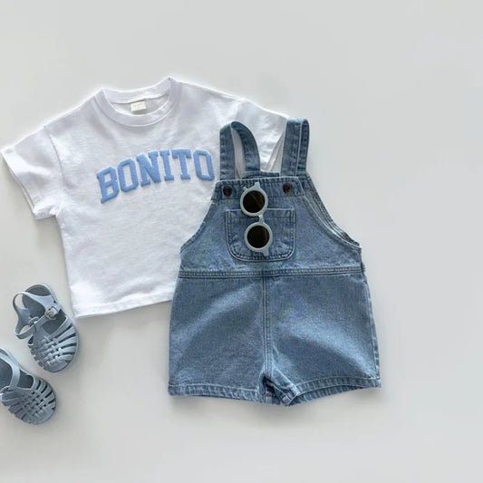 Korean Children Denim Jumpsuits 2025 Summer Boys Jeans Suspenders Shorts Baby Girls Casual Cotton Strap Pocket Overalls for Kids