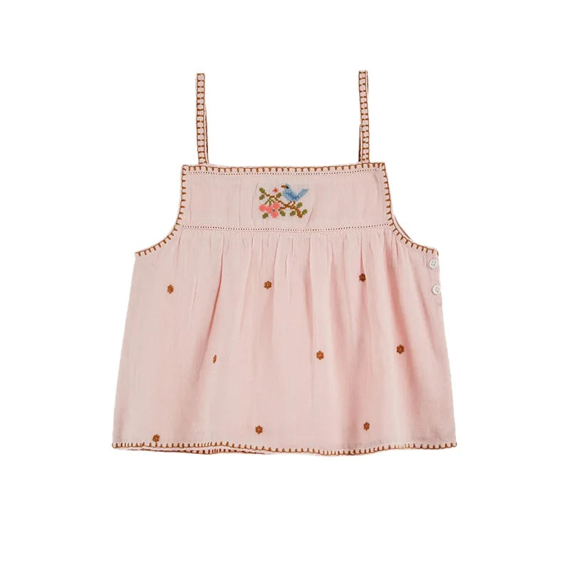2026 SS Summer Embroidered flowers Girl Denim Dress EM Pleated Kids Short Sleeve Princess Dresses Clothes