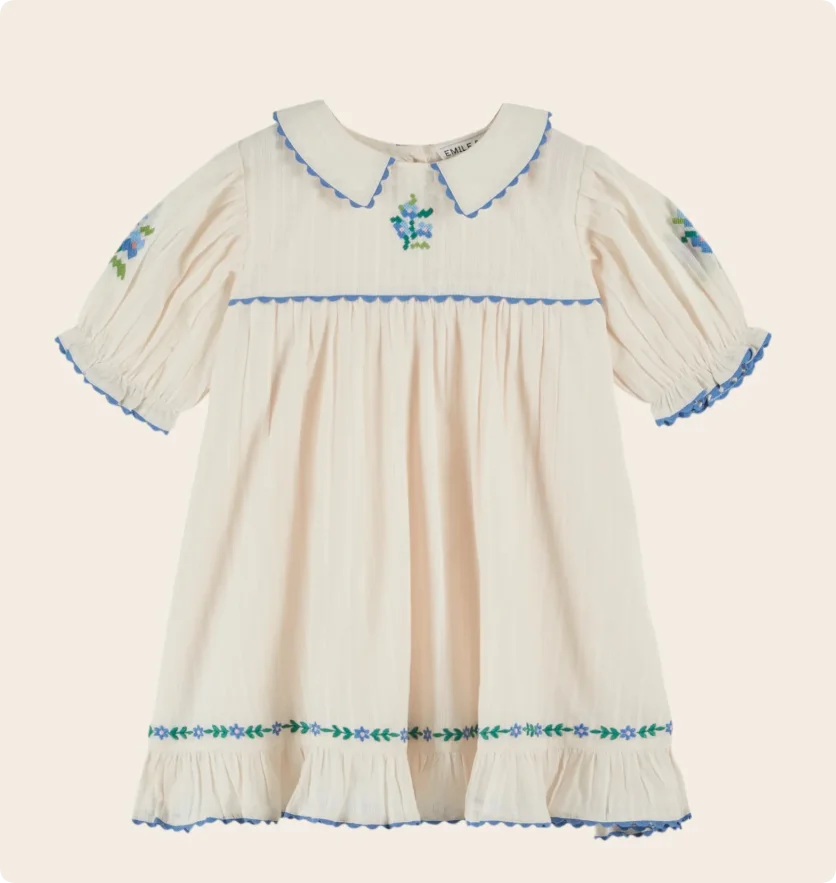 2026 SS Summer Embroidered flowers Girl Denim Dress EM Pleated Kids Short Sleeve Princess Dresses Clothes
