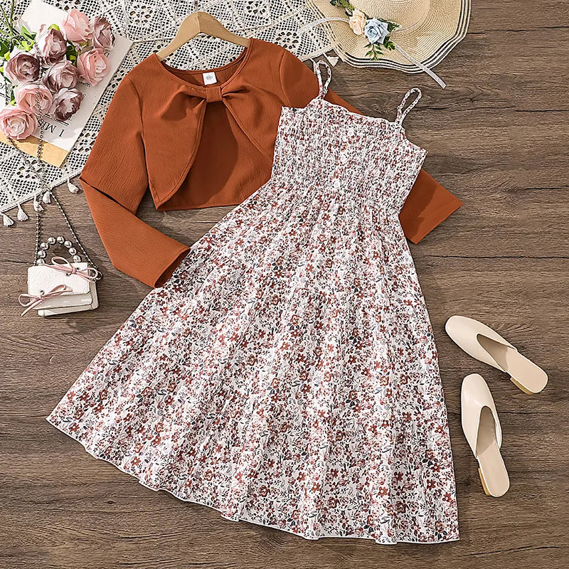 2 Pcs Kids Casual Dress Sets for Girls Clothes Autumn Winter 2025 New Child Long Sleeve Coat Tops Floral Print Cami Dress 8-12Y