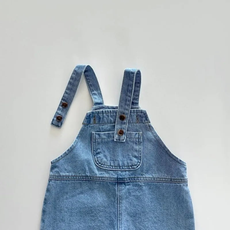 Korean Children Denim Jumpsuits 2025 Summer Boys Jeans Suspenders Shorts Baby Girls Casual Cotton Strap Pocket Overalls for Kids