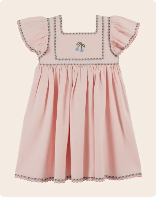 2026 SS Summer Embroidered flowers Girl Denim Dress EM Pleated Kids Short Sleeve Princess Dresses Clothes