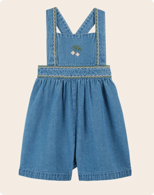 2026 SS Summer Embroidered flowers Girl Denim Dress EM Pleated Kids Short Sleeve Princess Dresses Clothes