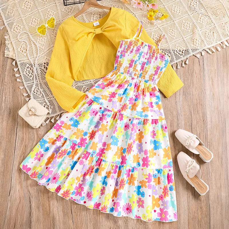 2 Pcs Kids Casual Dress Sets for Girls Clothes Autumn Winter 2025 New Child Long Sleeve Coat Tops Floral Print Cami Dress 8-12Y