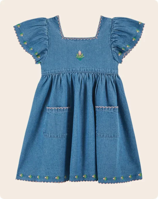 2026 SS Summer Embroidered flowers Girl Denim Dress EM Pleated Kids Short Sleeve Princess Dresses Clothes