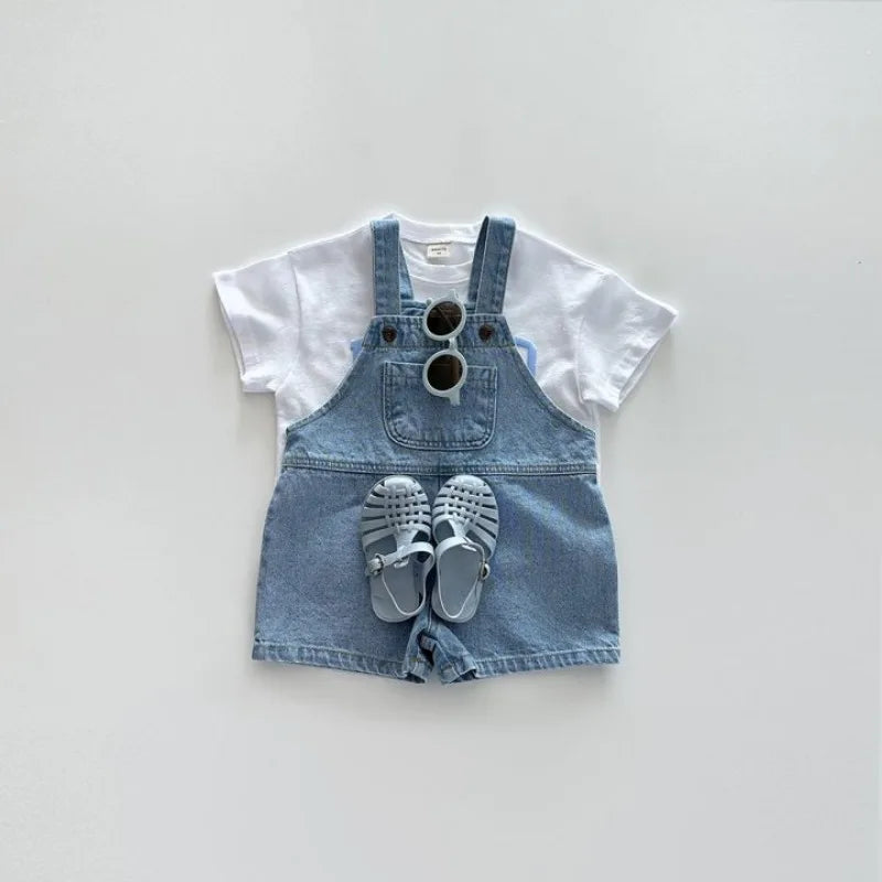 Korean Children Denim Jumpsuits 2025 Summer Boys Jeans Suspenders Shorts Baby Girls Casual Cotton Strap Pocket Overalls for Kids