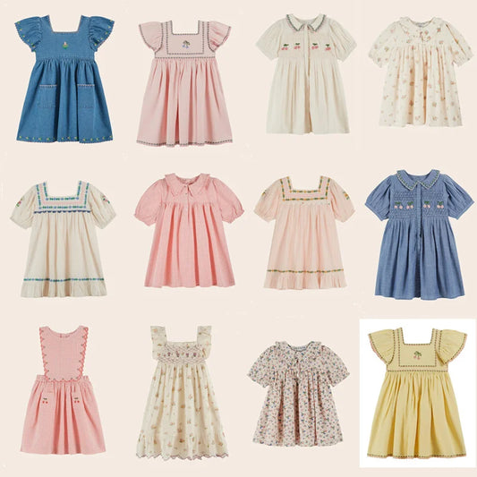 2026 SS Summer Embroidered flowers Girl Denim Dress EM Pleated Kids Short Sleeve Princess Dresses Clothes