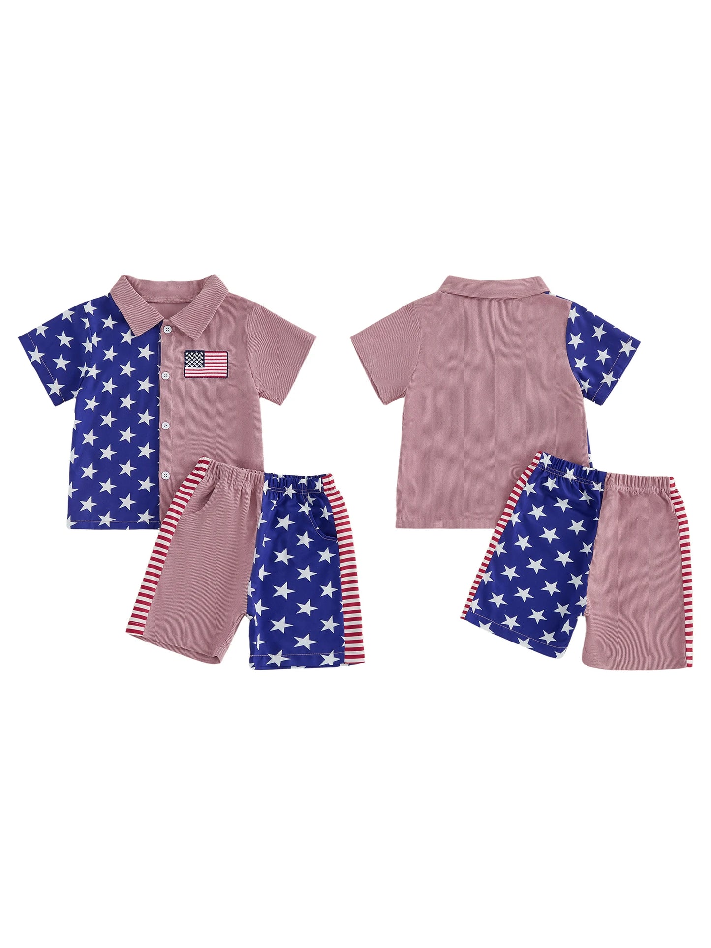 Boys Patriotic 4th of July Outfit American Flag Print Short Sleeve Collared Button Up Shirt and Coordinating Shorts