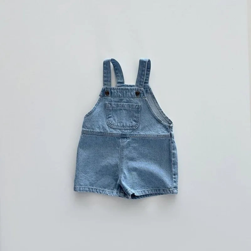 Korean Children Denim Jumpsuits 2025 Summer Boys Jeans Suspenders Shorts Baby Girls Casual Cotton Strap Pocket Overalls for Kids