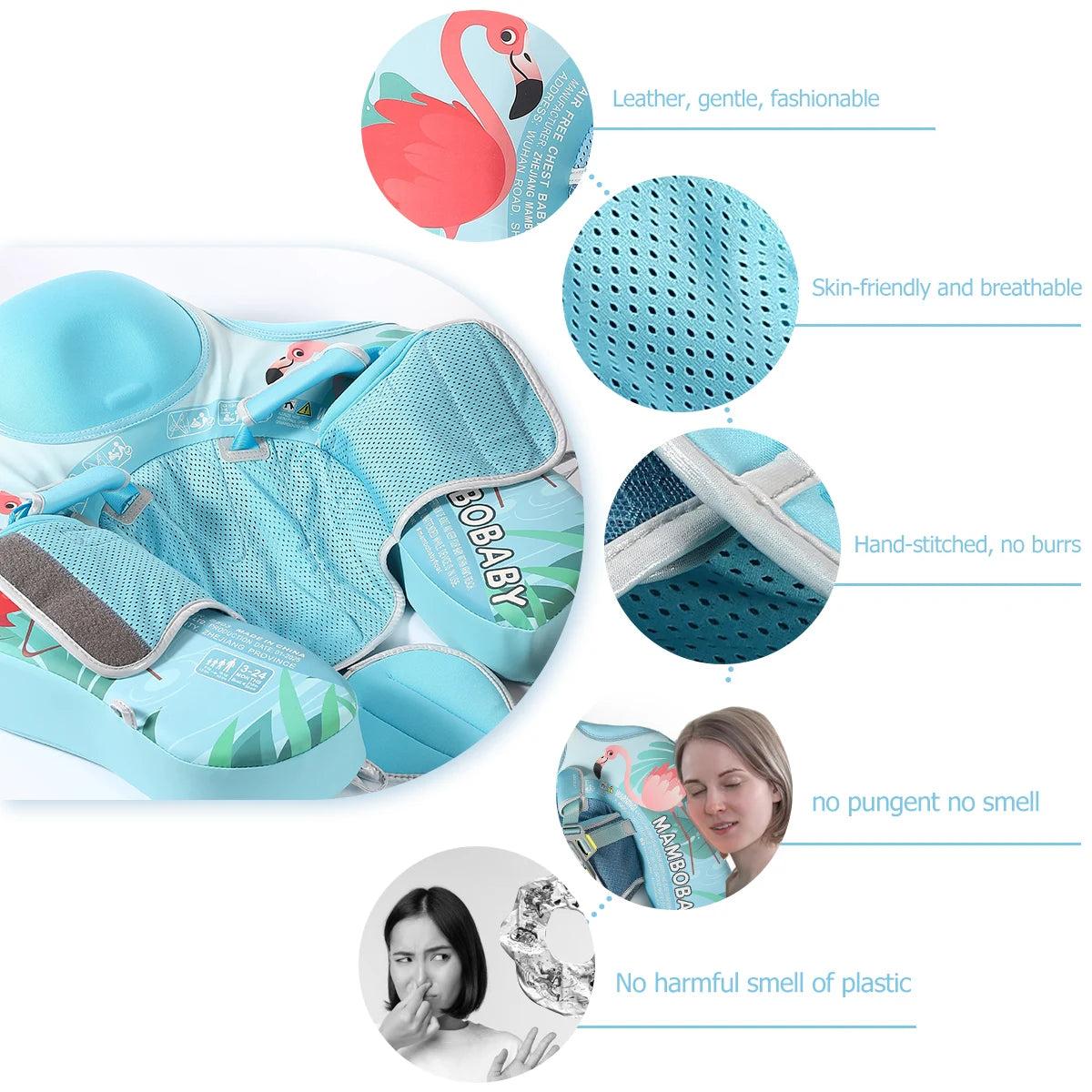 Mambobaby Gentle Skin-Safe Flamingo Air-Free Chest Float with Flat Canopy B503-143-W-Z Baby Swimming Ring Infant Water Circle