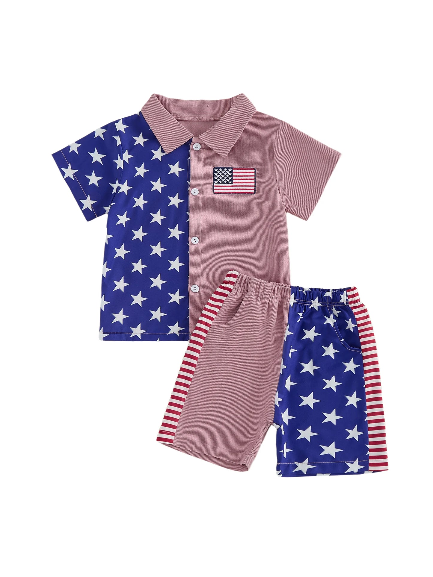 Boys Patriotic 4th of July Outfit American Flag Print Short Sleeve Collared Button Up Shirt and Coordinating Shorts