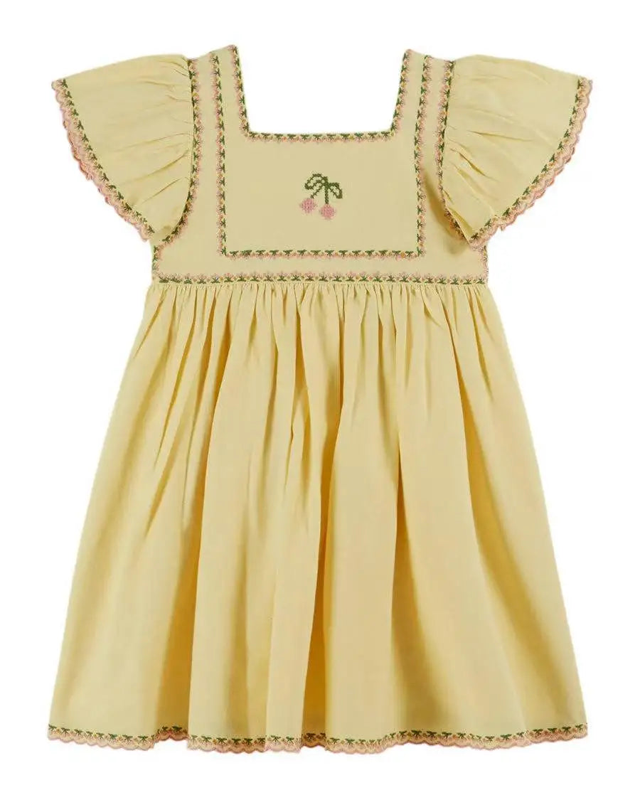 2026 SS Summer Embroidered flowers Girl Denim Dress EM Pleated Kids Short Sleeve Princess Dresses Clothes