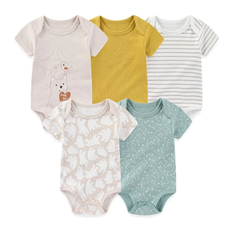 Kiddiezoom 5 Pcs/Lot Four Seasons Fashion Cartoon Short Sleeve Baby Boy Girl Bodysuits Soft Unisex Newborn Onesies Clothing