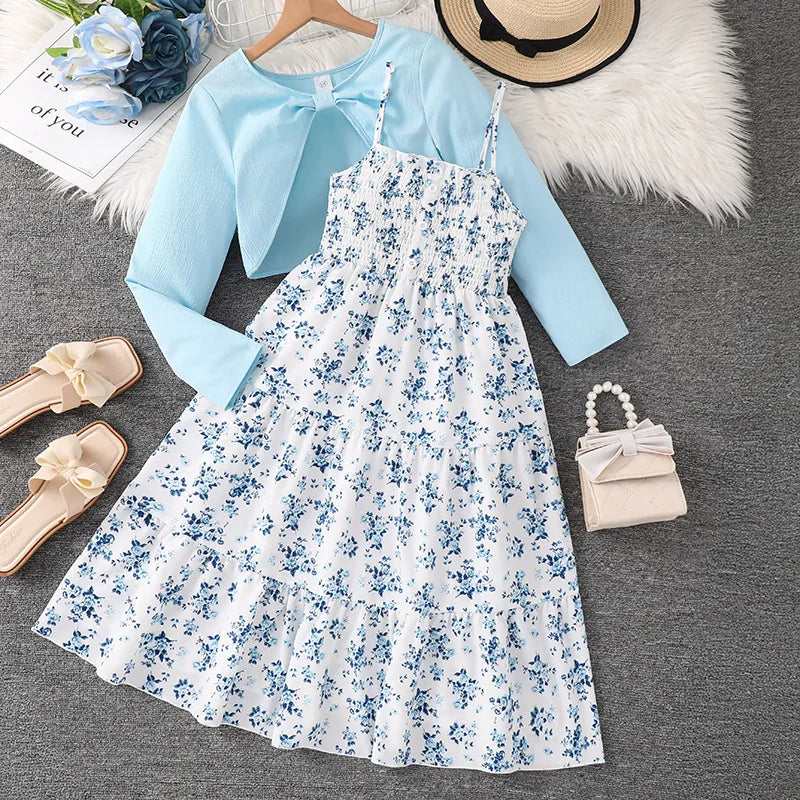 2 Pcs Kids Casual Dress Sets for Girls Clothes Autumn Winter 2025 New Child Long Sleeve Coat Tops Floral Print Cami Dress 8-12Y