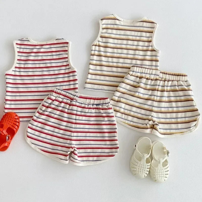 2025 Summer New Baby Sleeveless Clothes Set Infant Boy Girl Vintage Striped T Shirts + Shorts 2pcs Suit Toddler Pajamas Outfits