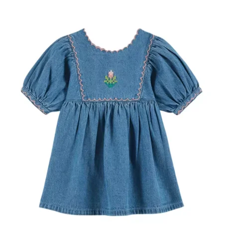 2026 SS Summer Embroidered flowers Girl Denim Dress EM Pleated Kids Short Sleeve Princess Dresses Clothes
