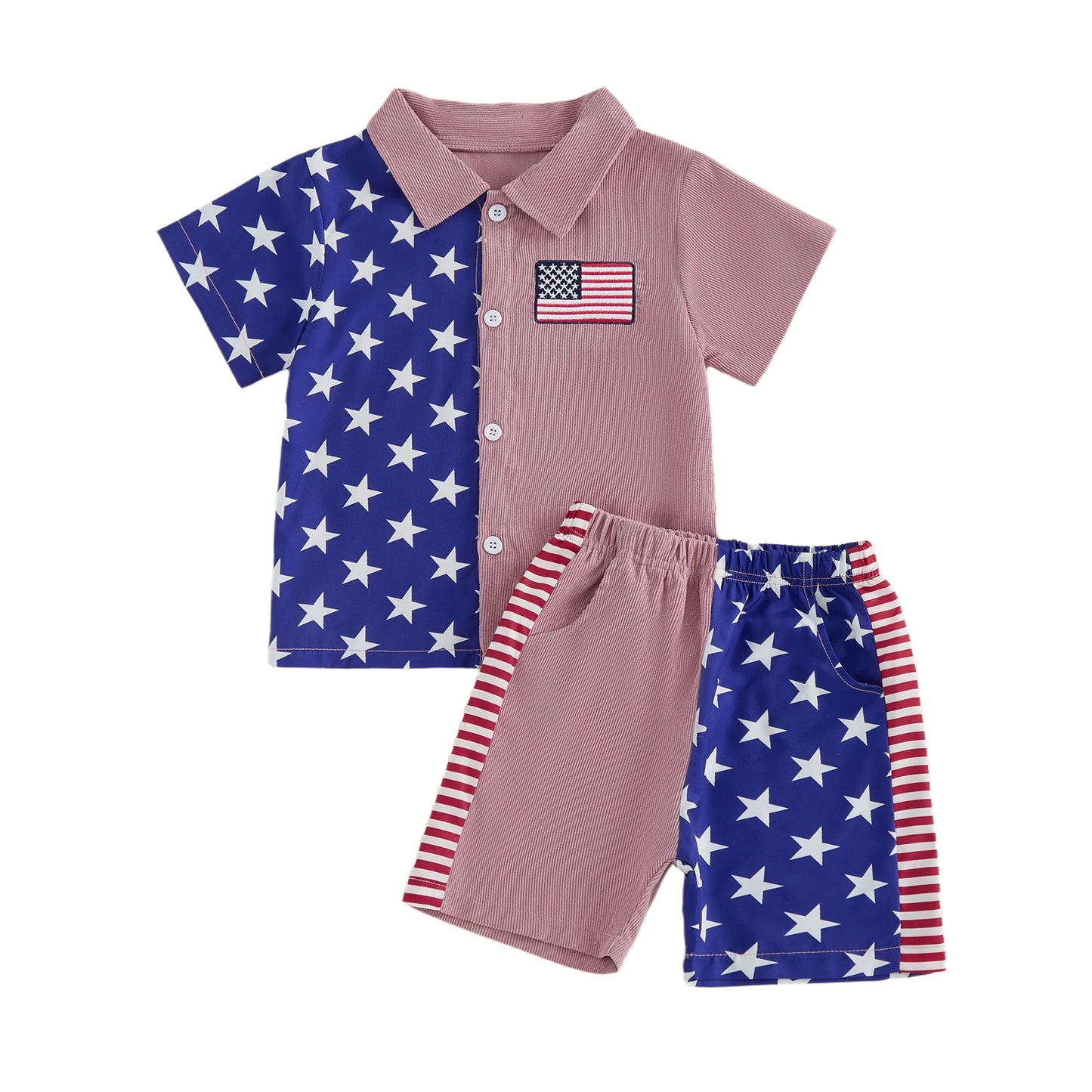 Boys Patriotic 4th of July Outfit American Flag Print Short Sleeve Collared Button Up Shirt and Coordinating Shorts