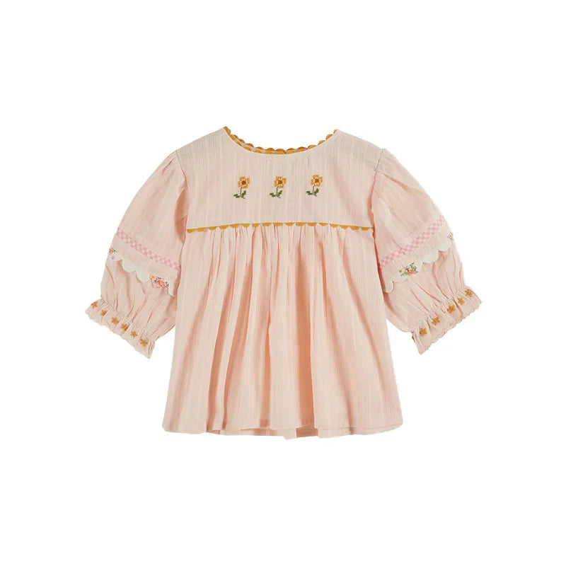 2026 SS Summer Embroidered flowers Girl Denim Dress EM Pleated Kids Short Sleeve Princess Dresses Clothes