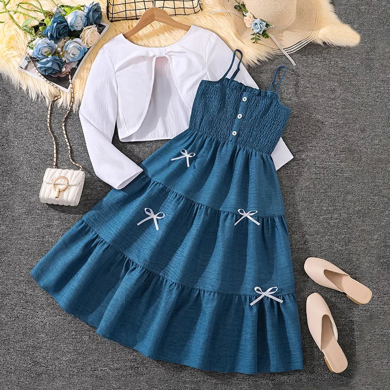 2 Pcs Kids Casual Dress Sets for Girls Clothes Autumn Winter 2025 New Child Long Sleeve Coat Tops Floral Print Cami Dress 8-12Y