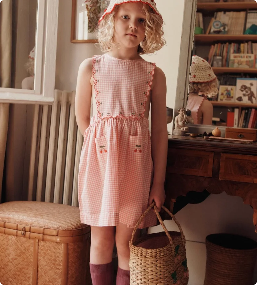 2026 SS Summer Embroidered flowers Girl Denim Dress EM Pleated Kids Short Sleeve Princess Dresses Clothes