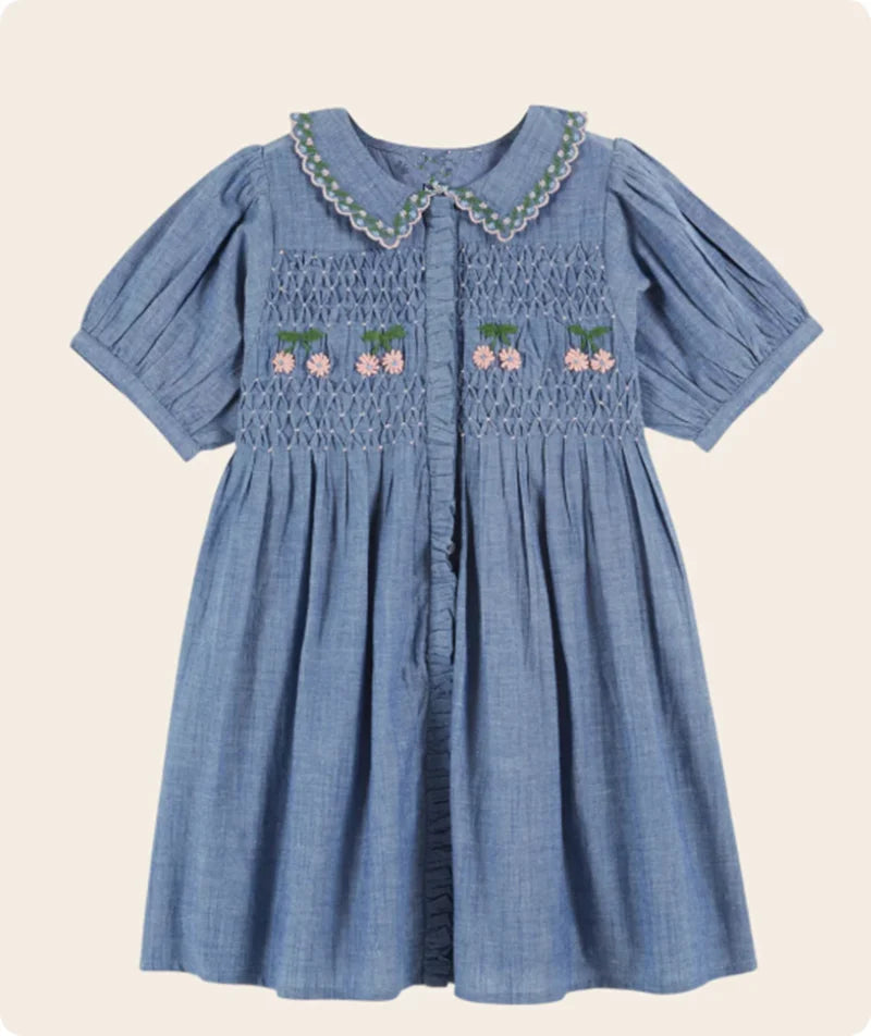 2026 SS Summer Embroidered flowers Girl Denim Dress EM Pleated Kids Short Sleeve Princess Dresses Clothes