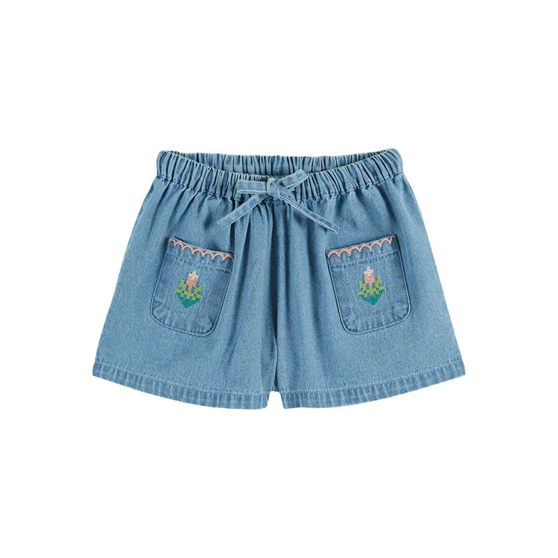 2026 SS Summer Embroidered flowers Girl Denim Dress EM Pleated Kids Short Sleeve Princess Dresses Clothes