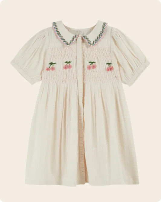 2026 SS Summer Embroidered flowers Girl Denim Dress EM Pleated Kids Short Sleeve Princess Dresses Clothes
