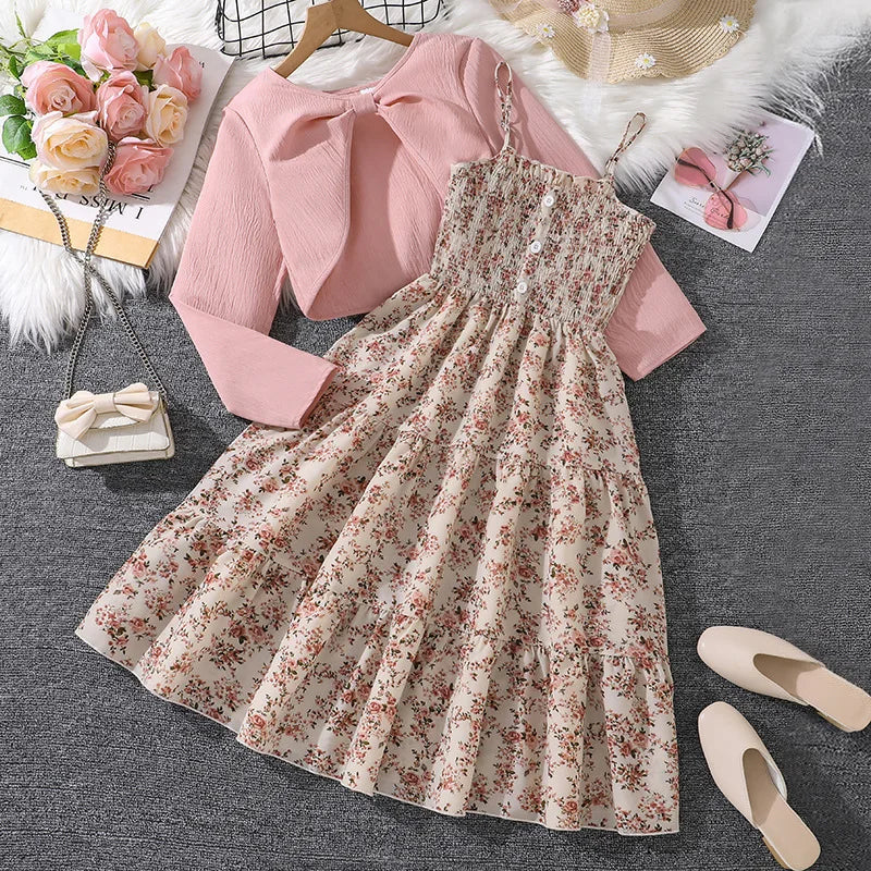 2 Pcs Kids Casual Dress Sets for Girls Clothes Autumn Winter 2025 New Child Long Sleeve Coat Tops Floral Print Cami Dress 8-12Y