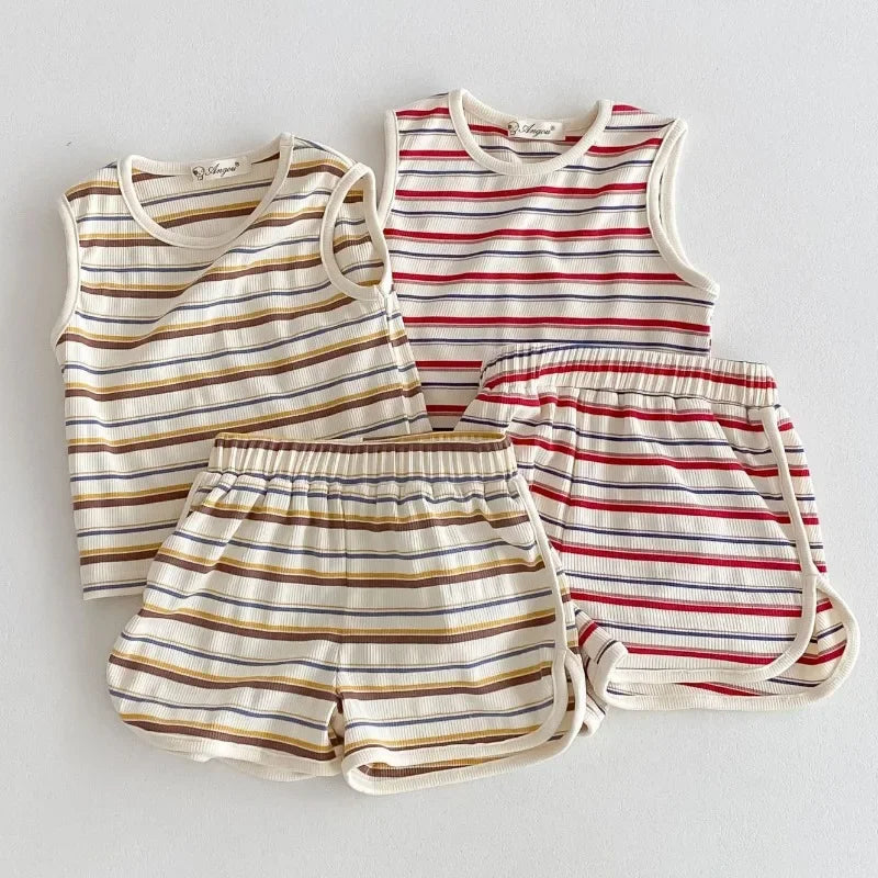 2025 Summer New Baby Sleeveless Clothes Set Infant Boy Girl Vintage Striped T Shirts + Shorts 2pcs Suit Toddler Pajamas Outfits